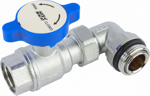 Кран шаровой FAR 3/4"-1", ВР-"американка" EPDM, угловой, син. бабочка под термометр, хром
